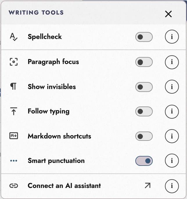 Writing Tools switches for proofreading and writing aids, with Smart punctuation enabled.