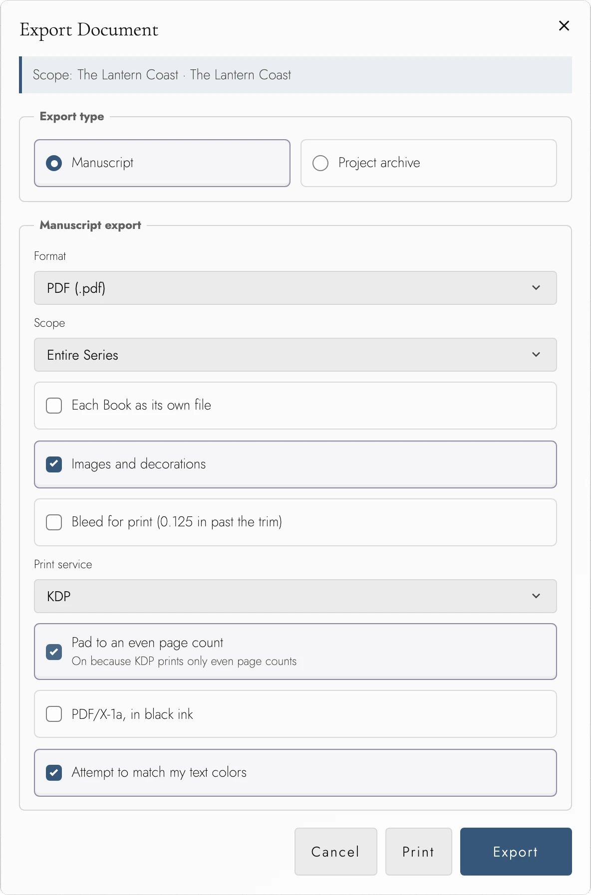 PDF export options for a three-Book Series, including separate Book files, print service, bleed, and PDF/X-1a.