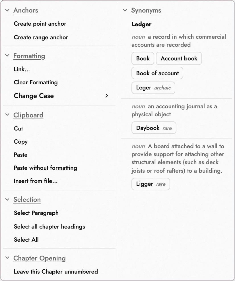The canvas menu opened on a word in a chapter title: Anchors, Formatting, Clipboard with Insert from file, Selection with Select all chapter headings, Chapter Opening with Leave this Chapter unnumbered, and Synonyms for the word.