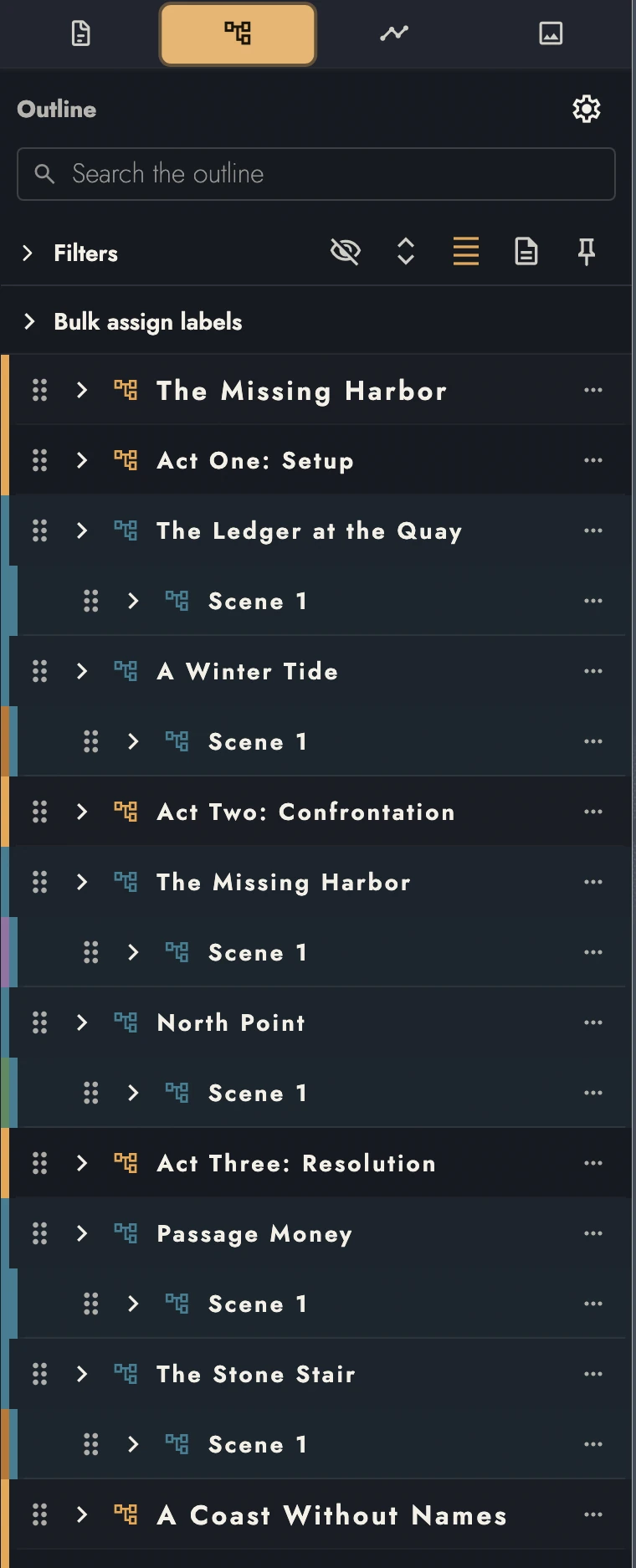 Outline showing Books, Acts, Chapters, and Scenes with colored label rails.