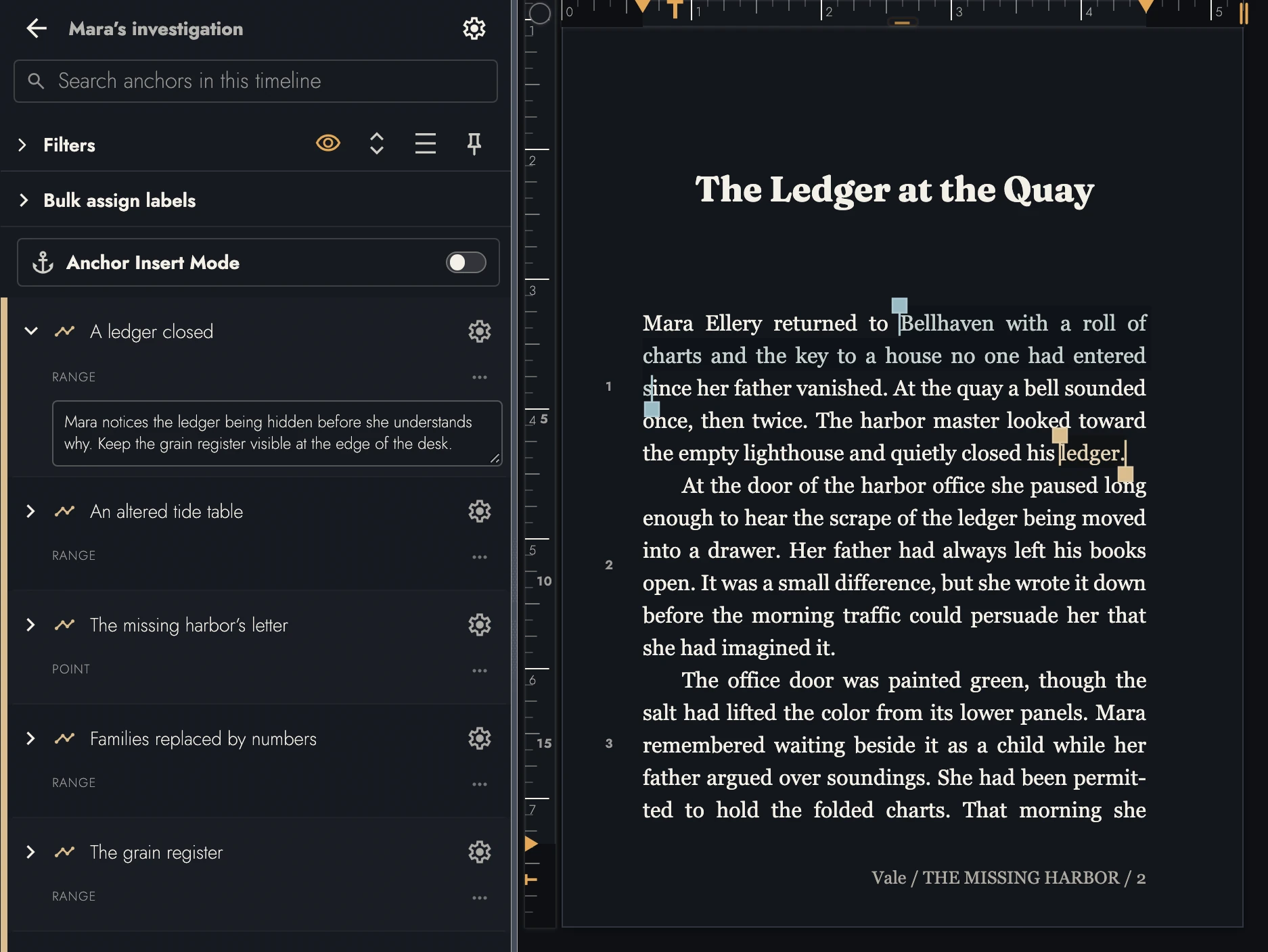 Investigation Anchors beside the selected ledger passage and its planning note.