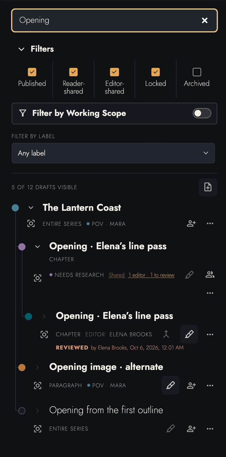 Five opening-related Drafts with distinct color identities, showing states, and a returned Editor review.