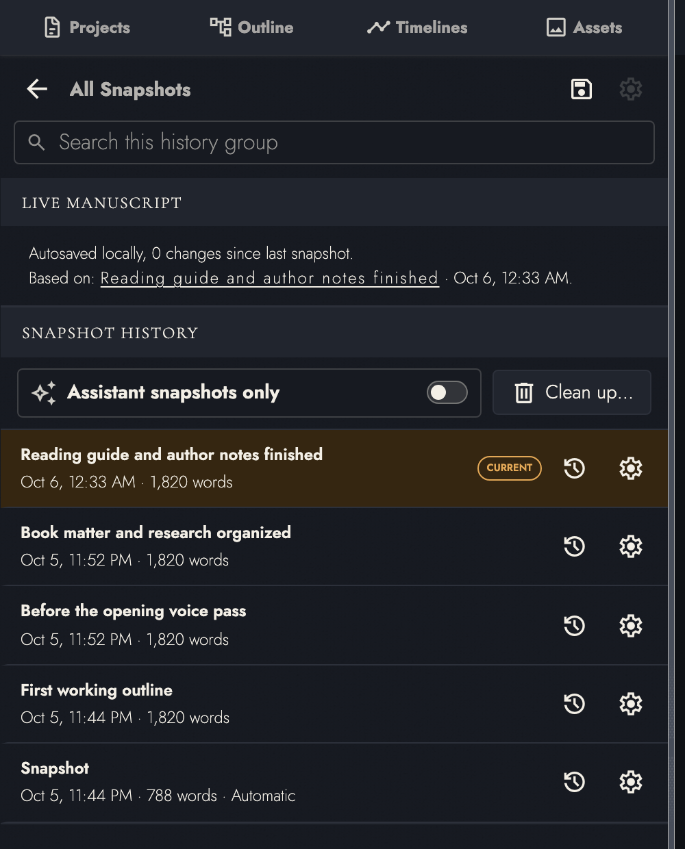 Five named Snapshots with dates, word counts, restore controls, and the current state.