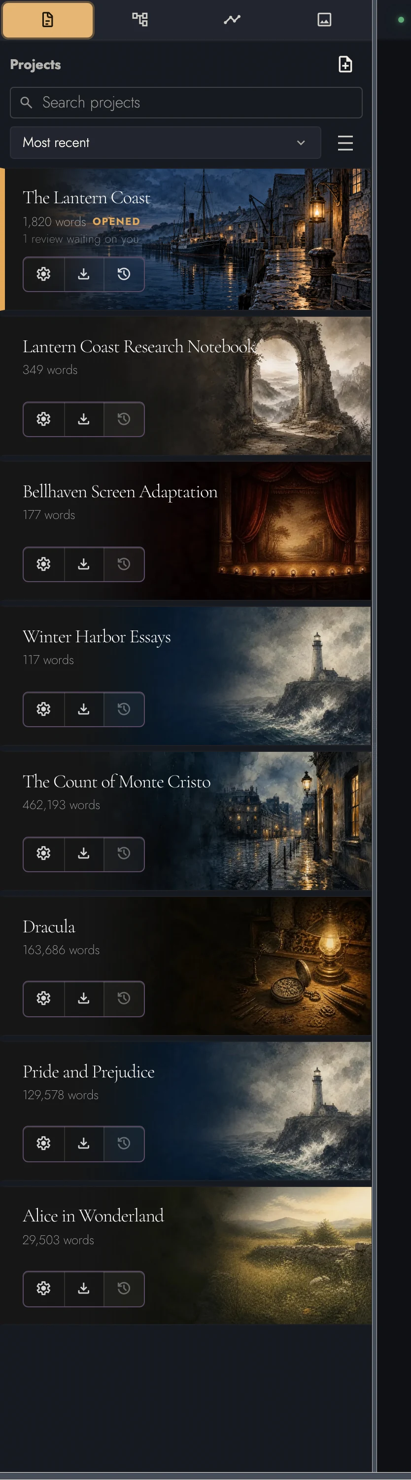 Project cards with different artwork and word counts, plus Settings, Export, and History controls.