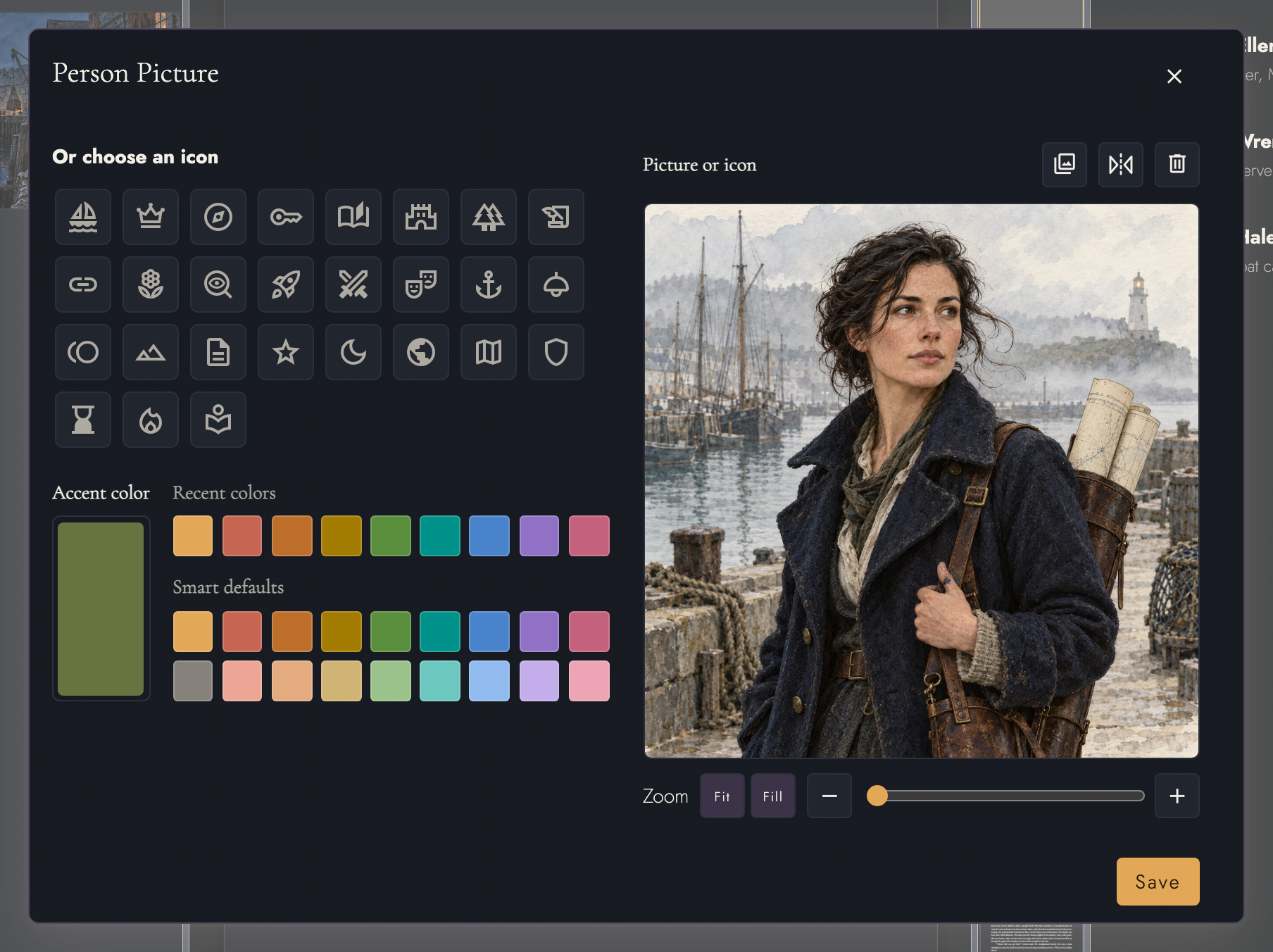 Mara’s portrait in the picture editor with Choose picture, Flip, and Remove picture buttons beside its heading, and zoom, symbol, and accent color controls.