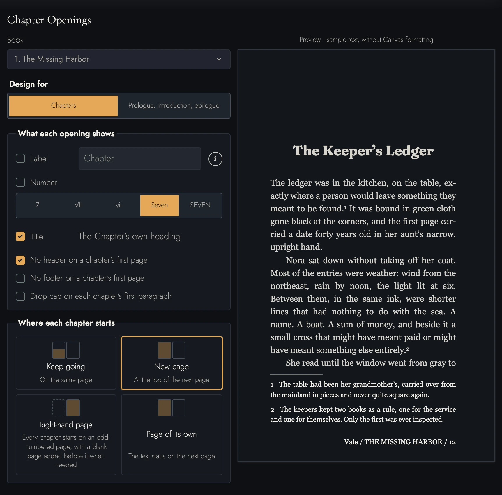 Chapter opening controls for the selected Book beside a sample page preview.