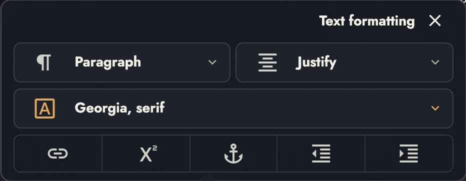 Text formatting panel with paragraph style, justified alignment, and Georgia typeface. The bottom row ends with paragraph indent controls.