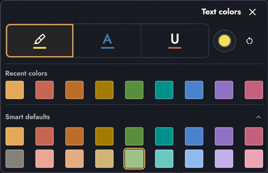 Text color panel with highlight selected, three color targets, recent colors, and expanded Smart defaults.