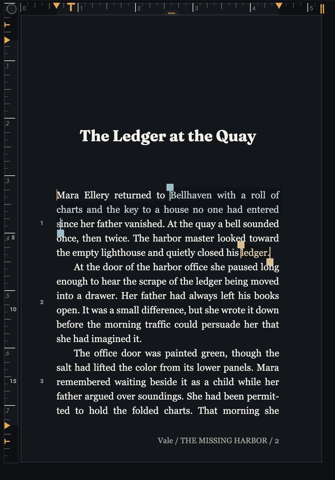 Complete opening page beside horizontal and vertical Rulers, with margin, indent, and running-content handles.