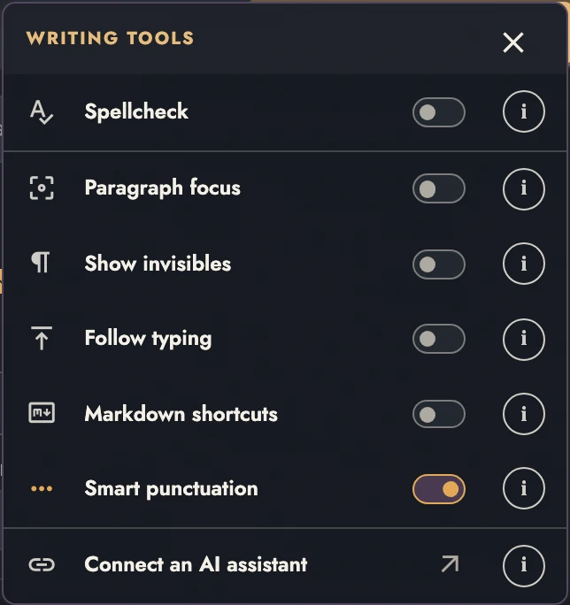 Writing Tools switches for proofreading and writing aids, with Smart punctuation enabled.