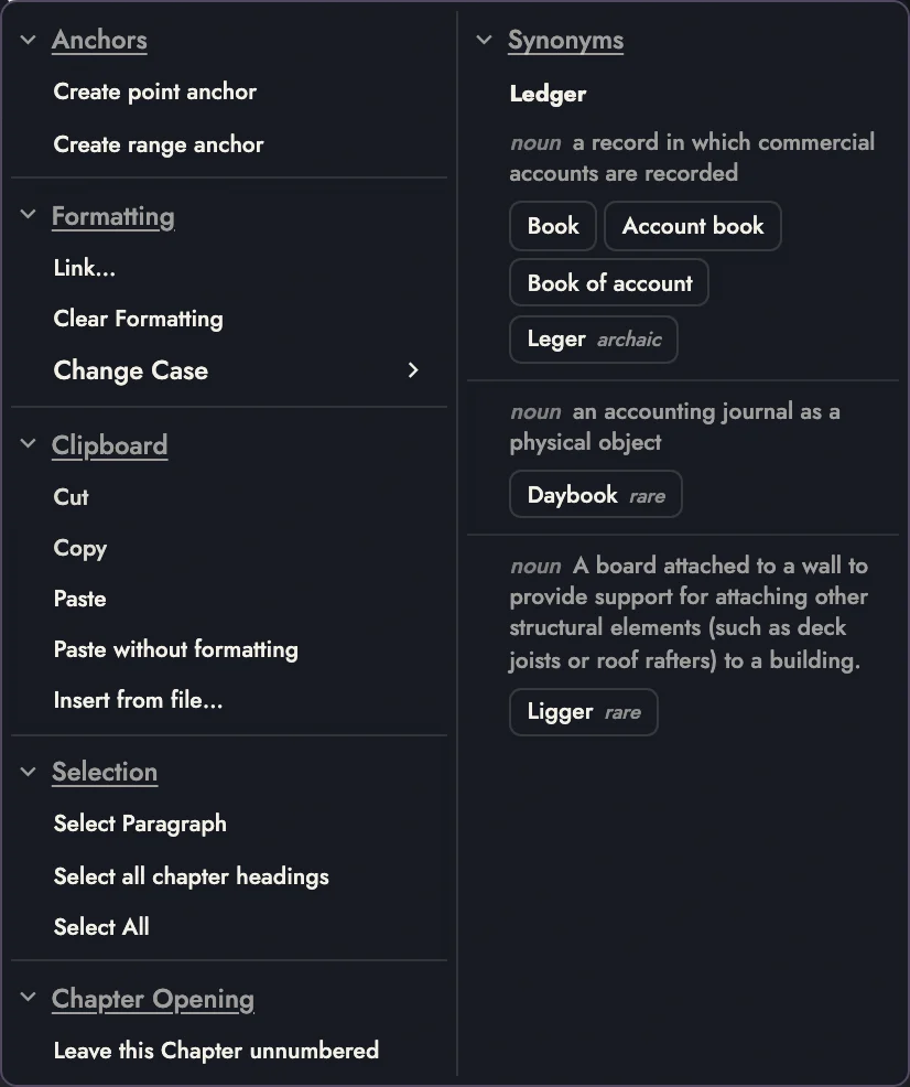 The canvas menu opened on a word in a chapter title: Anchors, Formatting, Clipboard with Insert from file, Selection with Select all chapter headings, Chapter Opening with Leave this Chapter unnumbered, and Synonyms for the word.