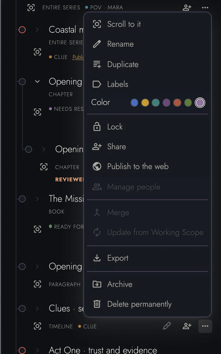 A draft row’s more-actions menu, grouped into Scroll to it, Rename, Duplicate, Labels, and Color; Lock, Share, Publish to the web, and Manage people; Merge and Update from Working Scope; Export; and Archive and Delete permanently.