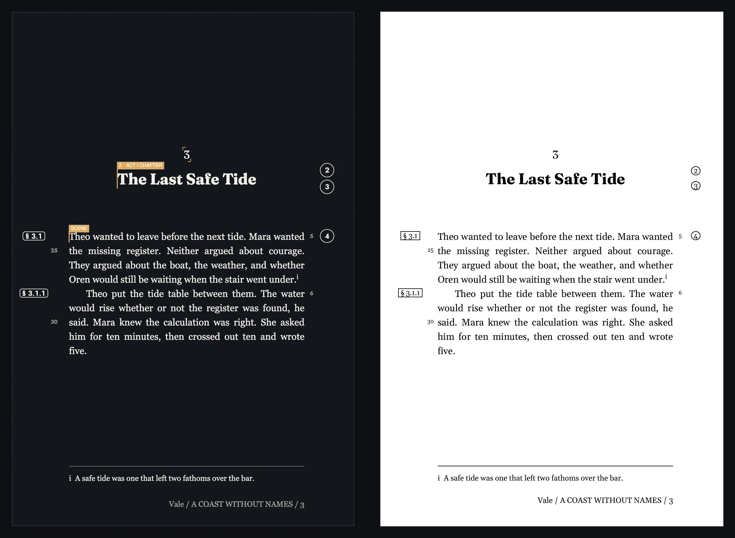 A Canvas page beside its exported PDF page, with every margin number in the same place.