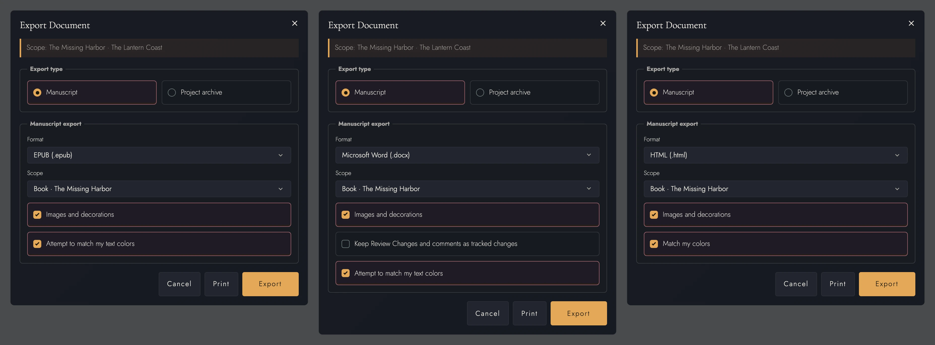 Export options for EPUB, Word, and HTML side by side: Word adds tracked changes, and HTML offers Match my colors.