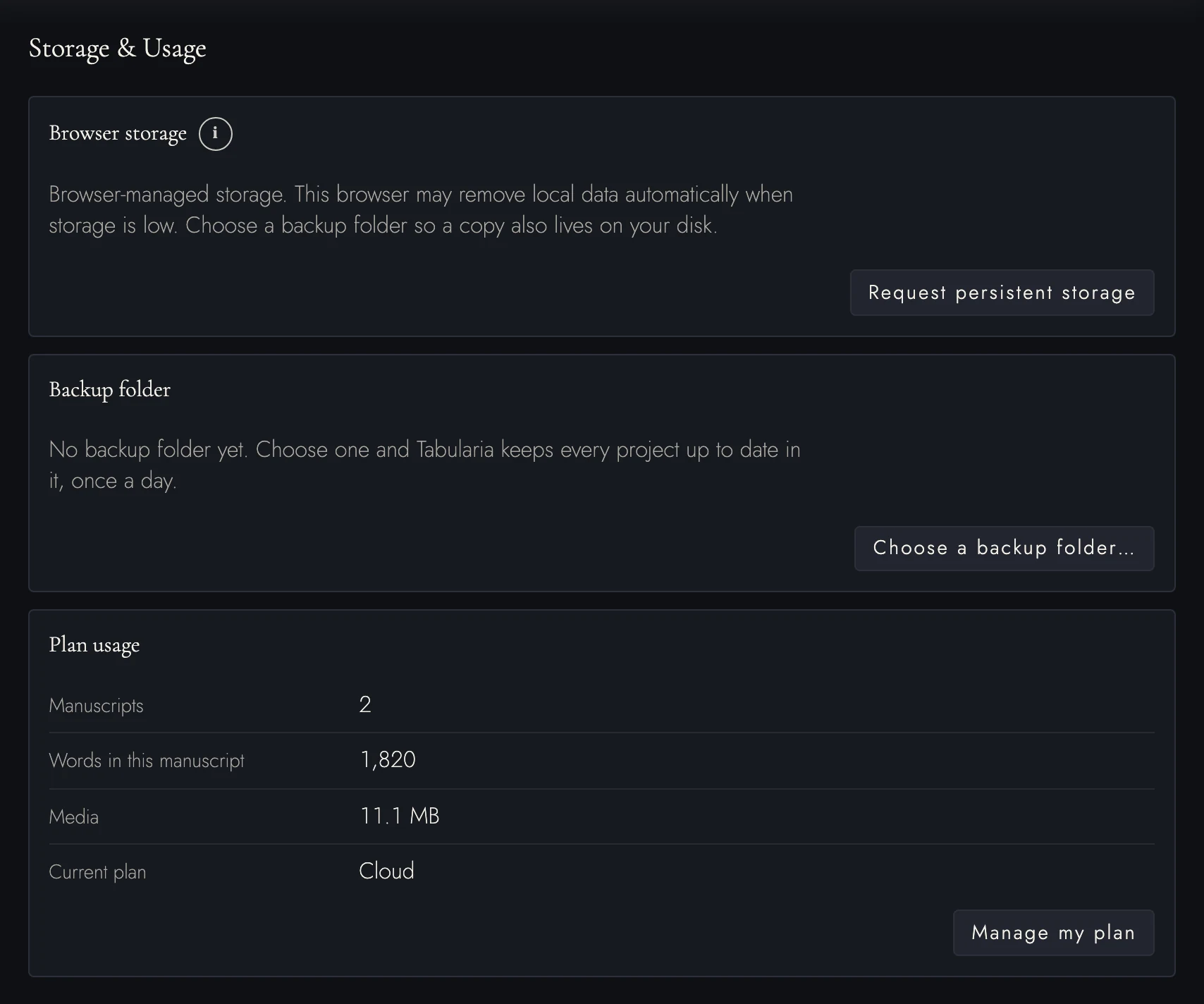 Project storage and media usage.