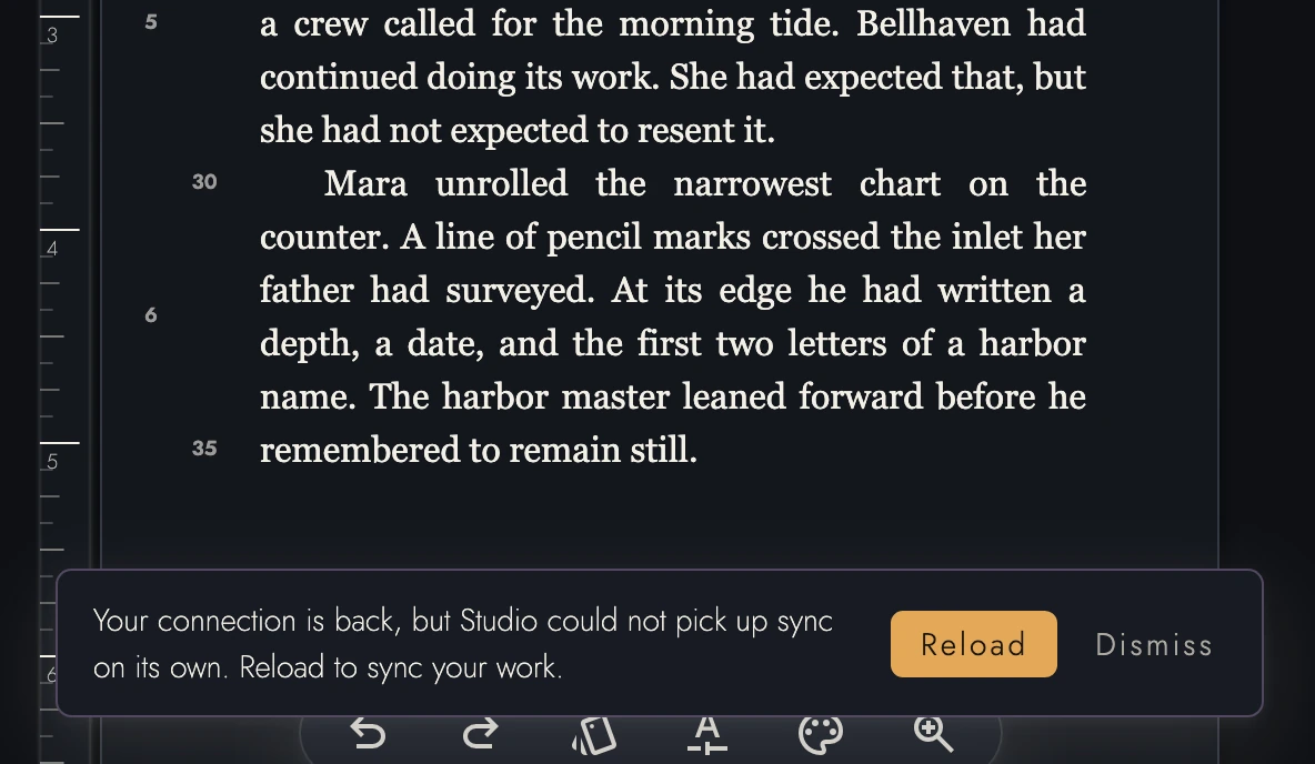 A notice at the bottom of Studio, over the page being written, saying the connection is back but Studio could not pick up sync on its own, with Reload and Dismiss buttons.