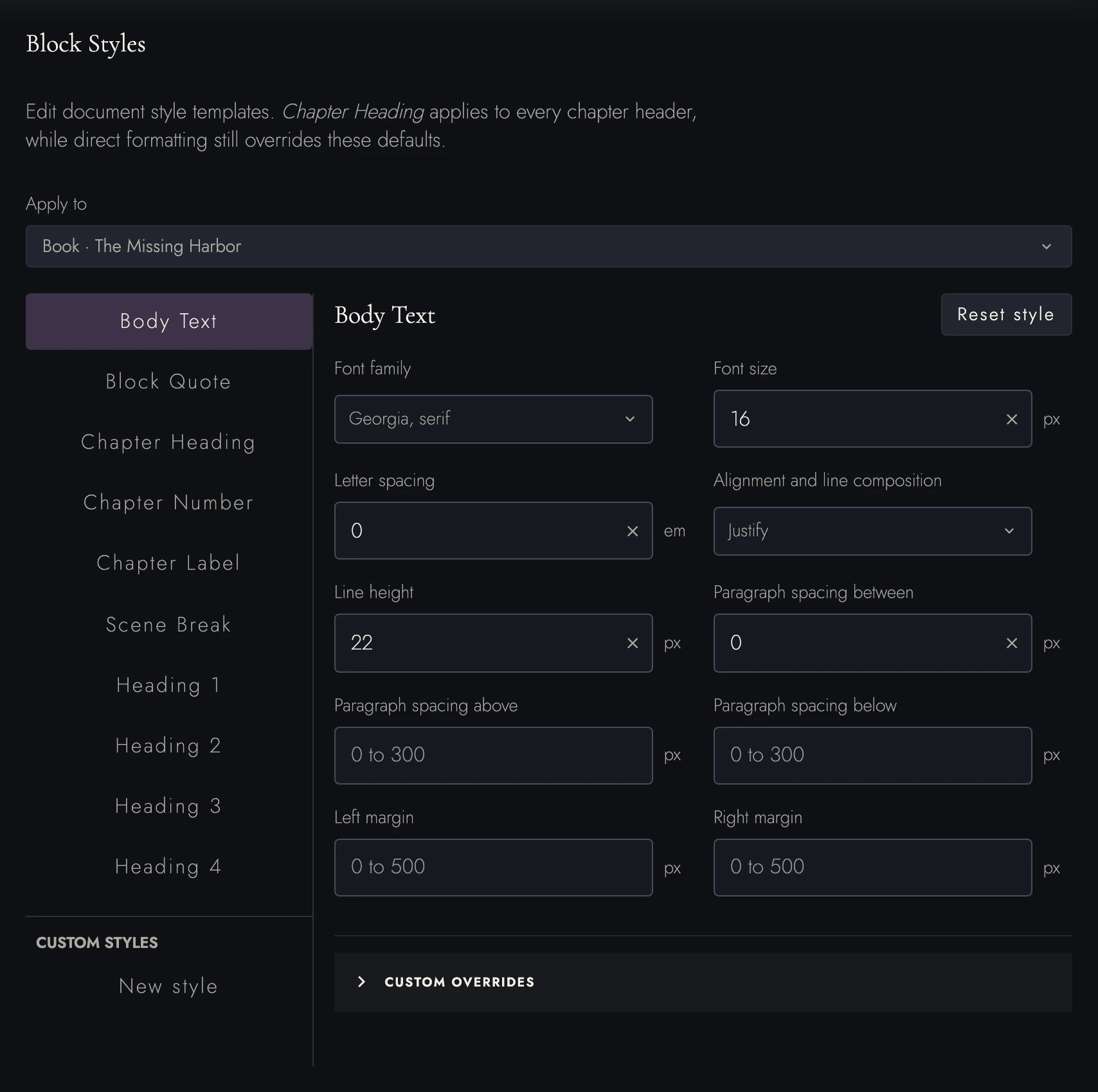 Choose the Book or shared defaults before editing a Block Style. These settings belong to The Missing Harbor.