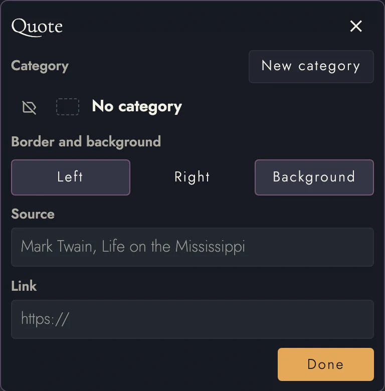 Quote formatting and attribution controls.