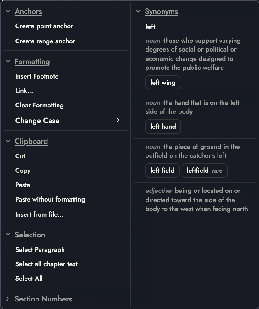 Selection and Clipboard commands.