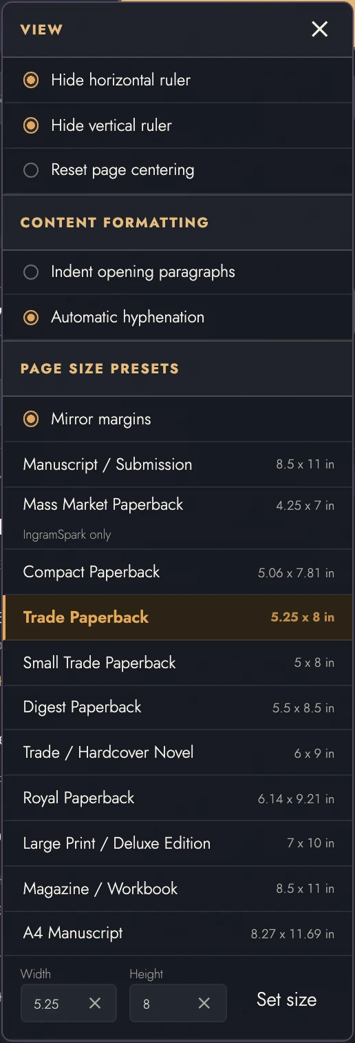 Hyphenation and mirrored page settings.