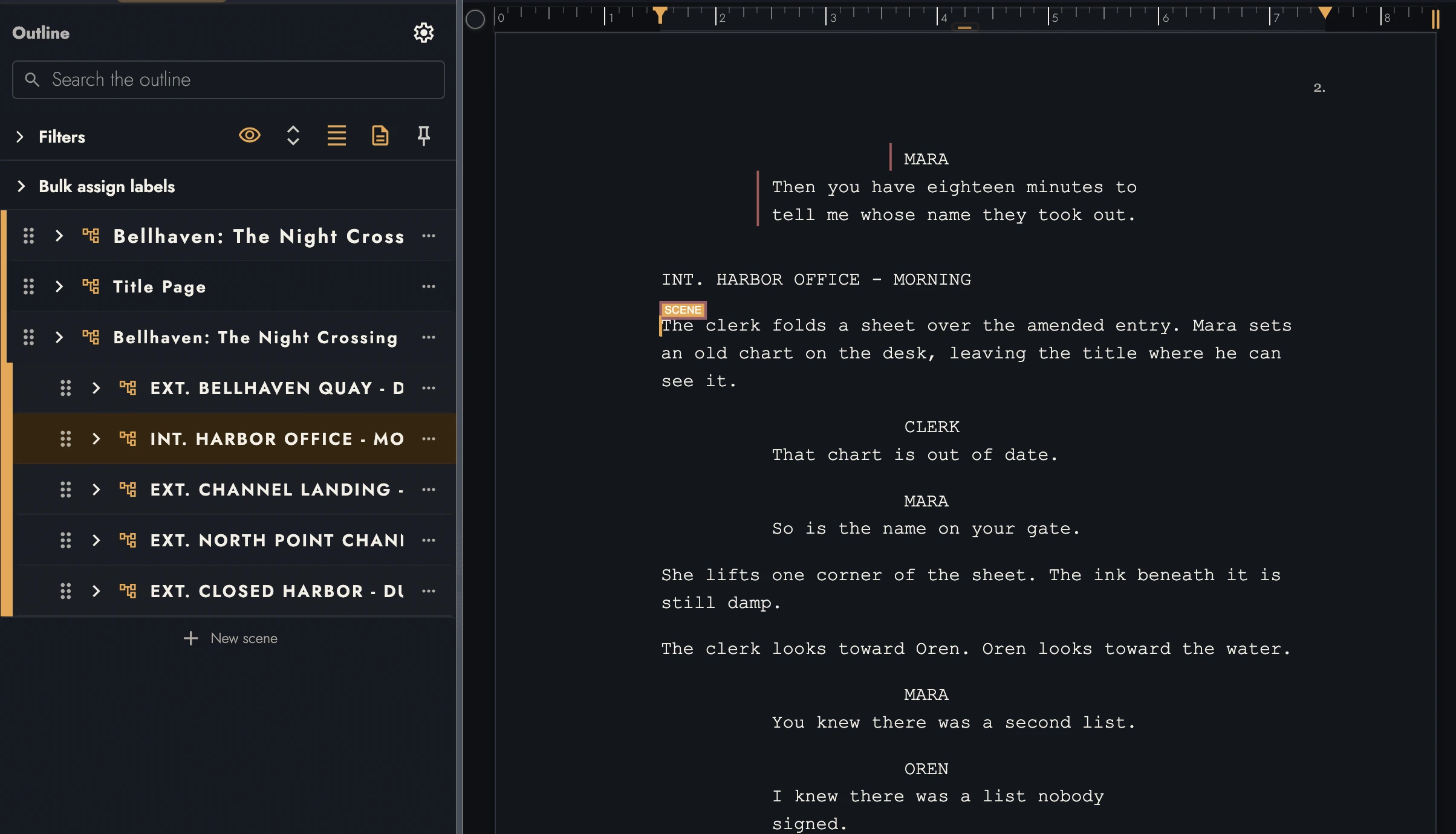 Fountain scene, character, action, and dialogue formatting.
