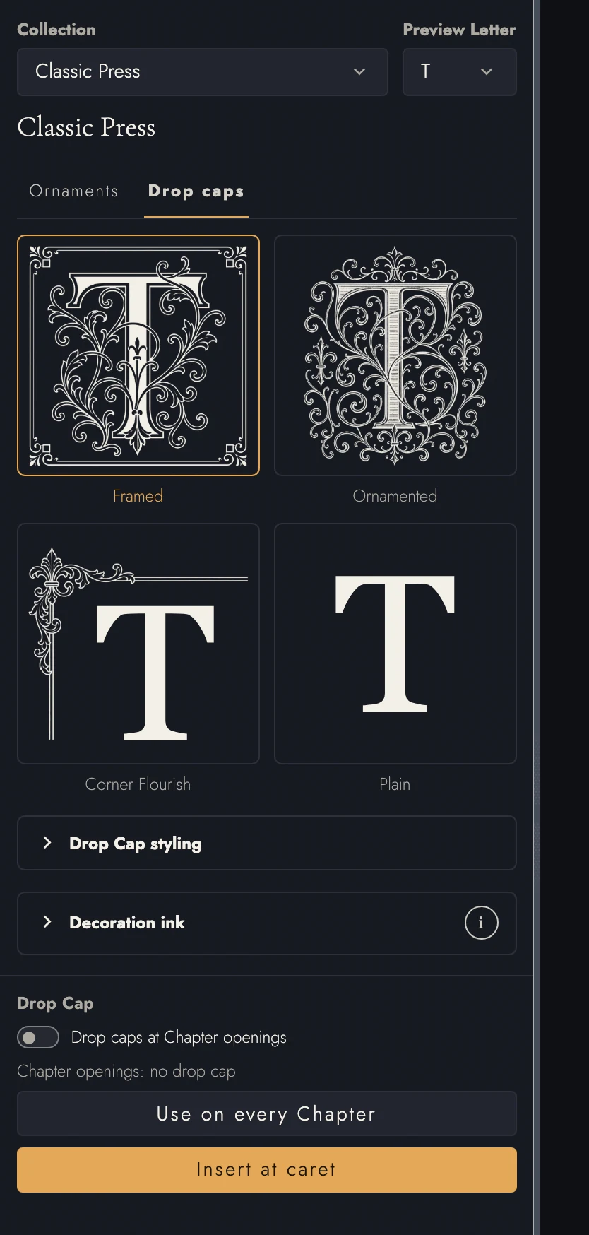 Classic Press offers framed, ornamented, corner, and plain initials. Automatic Chapter drop caps are off in this example; insertion is a deliberate choice.
