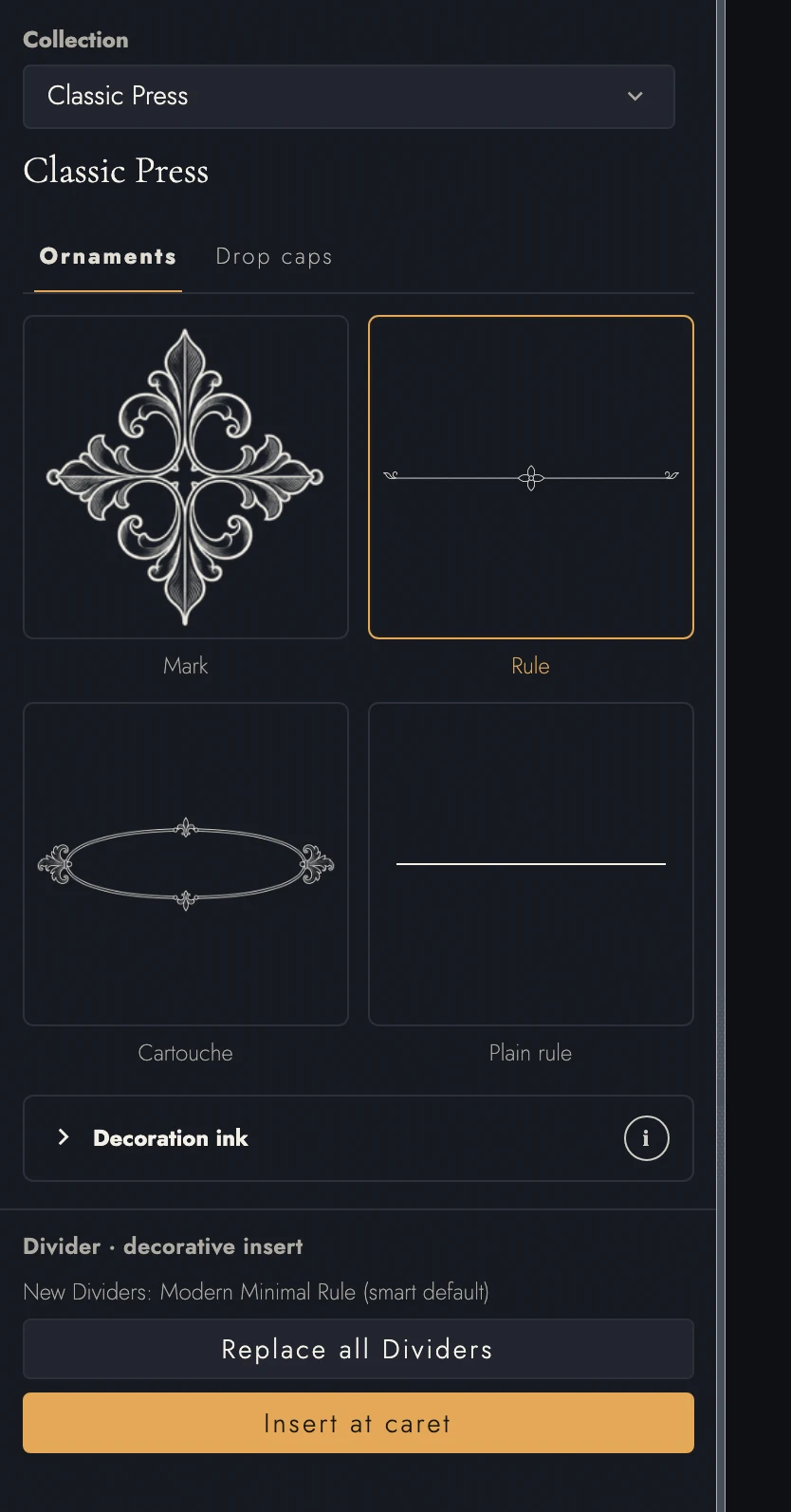 The ornament library shows its Mark, Rule, Cartouche, and Plain rule in the current ink. Decoration ink has its own explanation beside the disclosure.