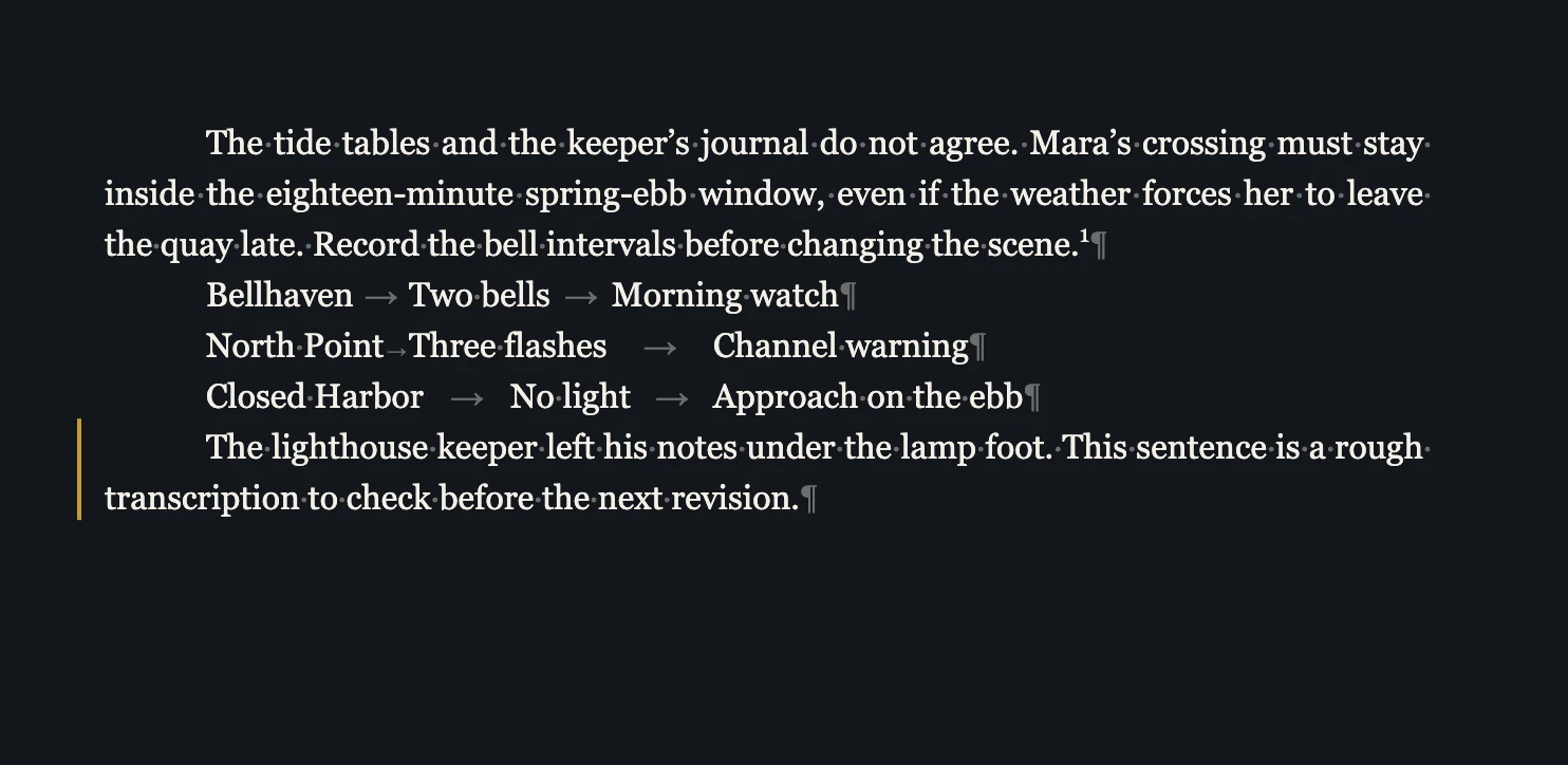 Spaces, Tab stops, and paragraph ends with correct spelling.