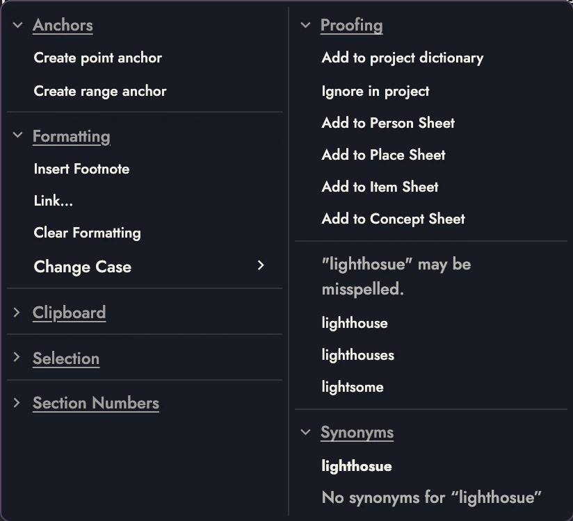 Spelling suggestions and Project dictionary choices.