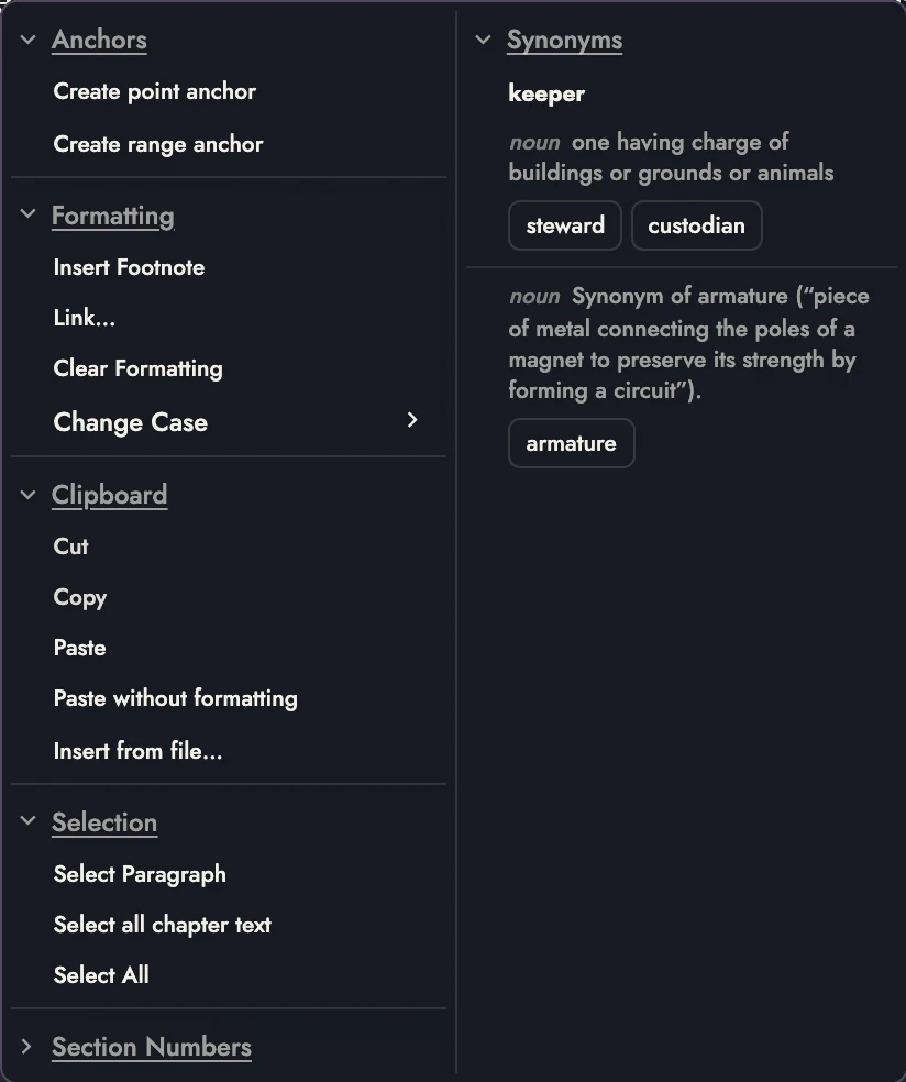 Inline alternatives for keeper, grouped by meaning.