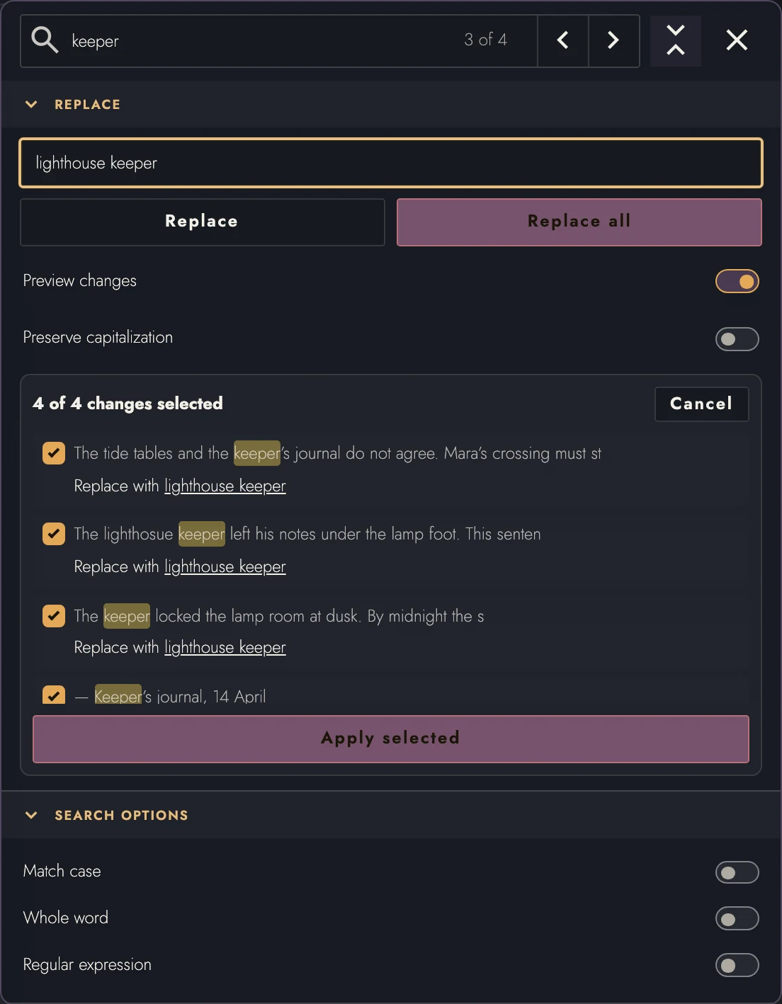 Replace options and preview controls.