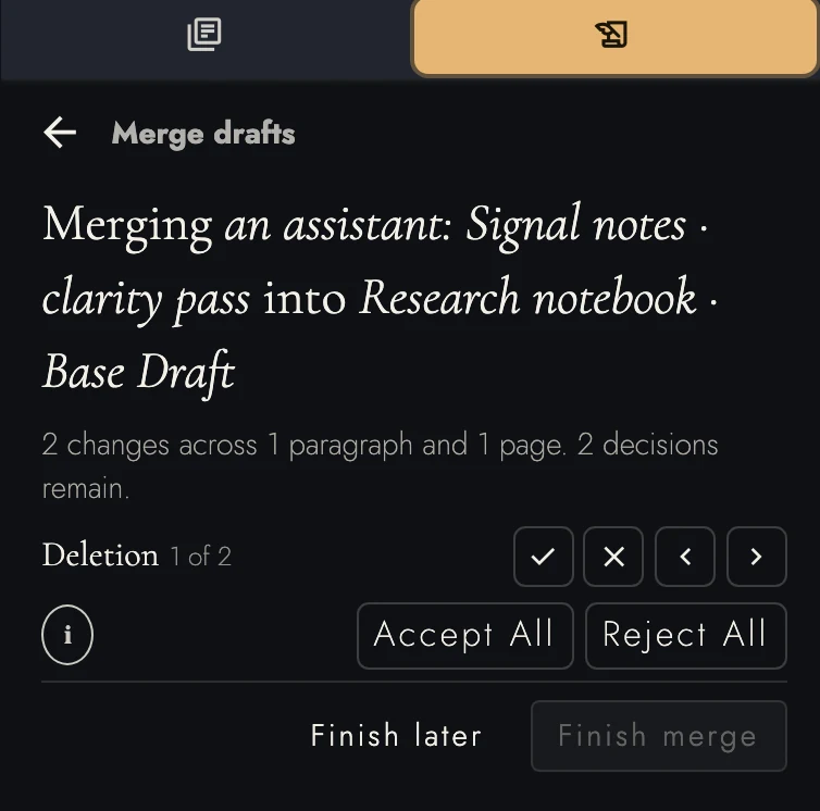 Merge decisions with keyboard help on the bulk-action row.