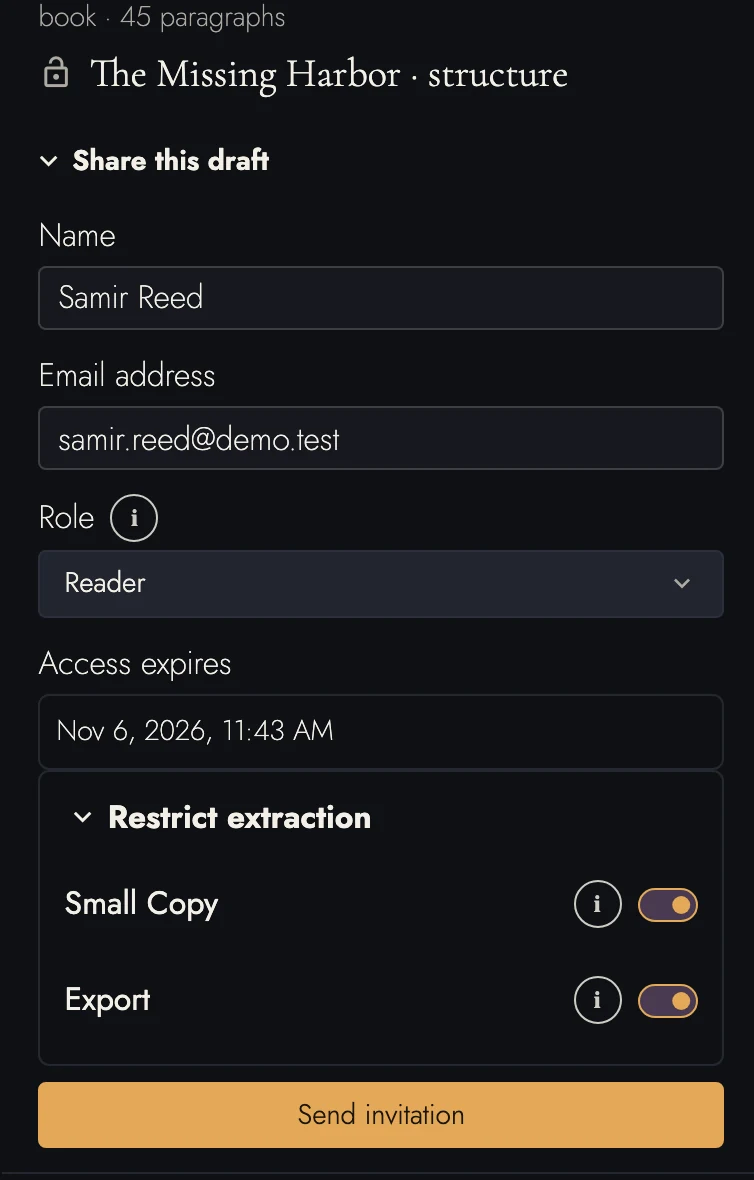 Book-scoped Reader invitation and extraction restrictions.