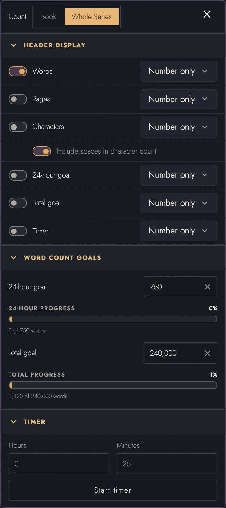 Series statistics, writing goals, and Timer.