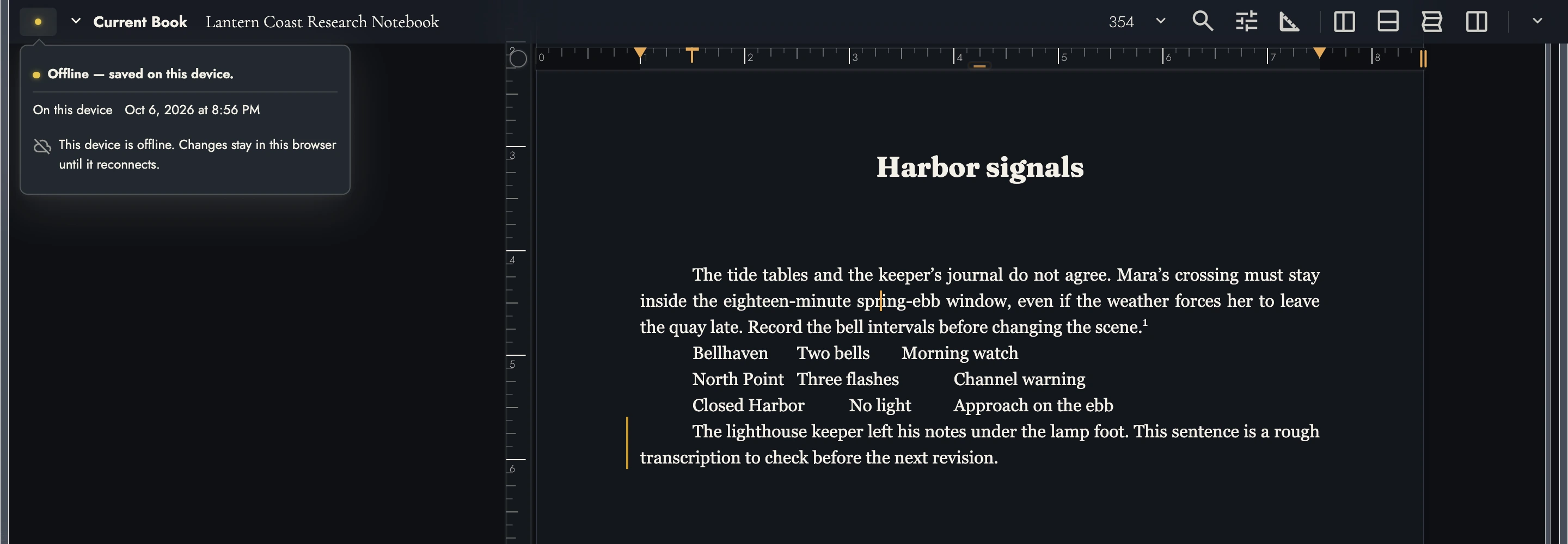 Offline writing with a caret and saved-on-device status.