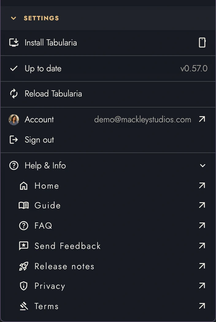 Settings, install, update status, and reload controls.