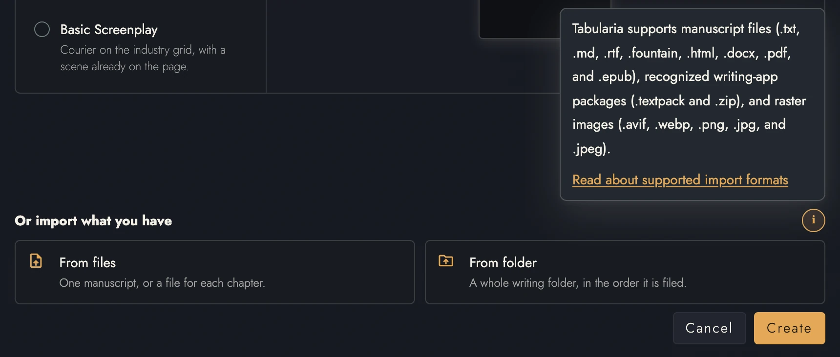 The import section of the New Project dialog, with From files and From folder, and its information button open on the supported import formats.
