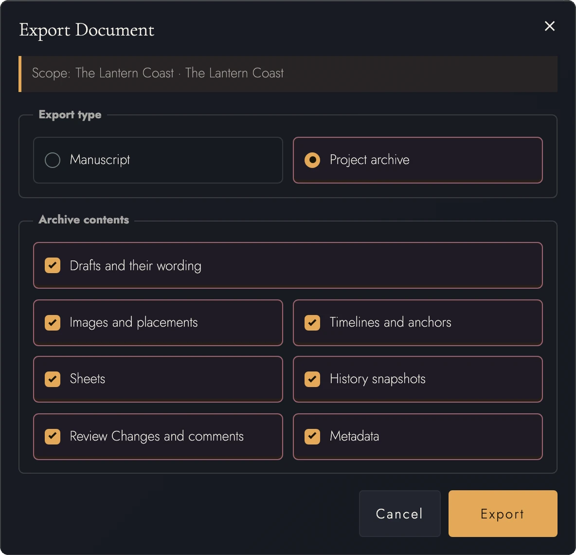 Full Project archive and its seven content groups.