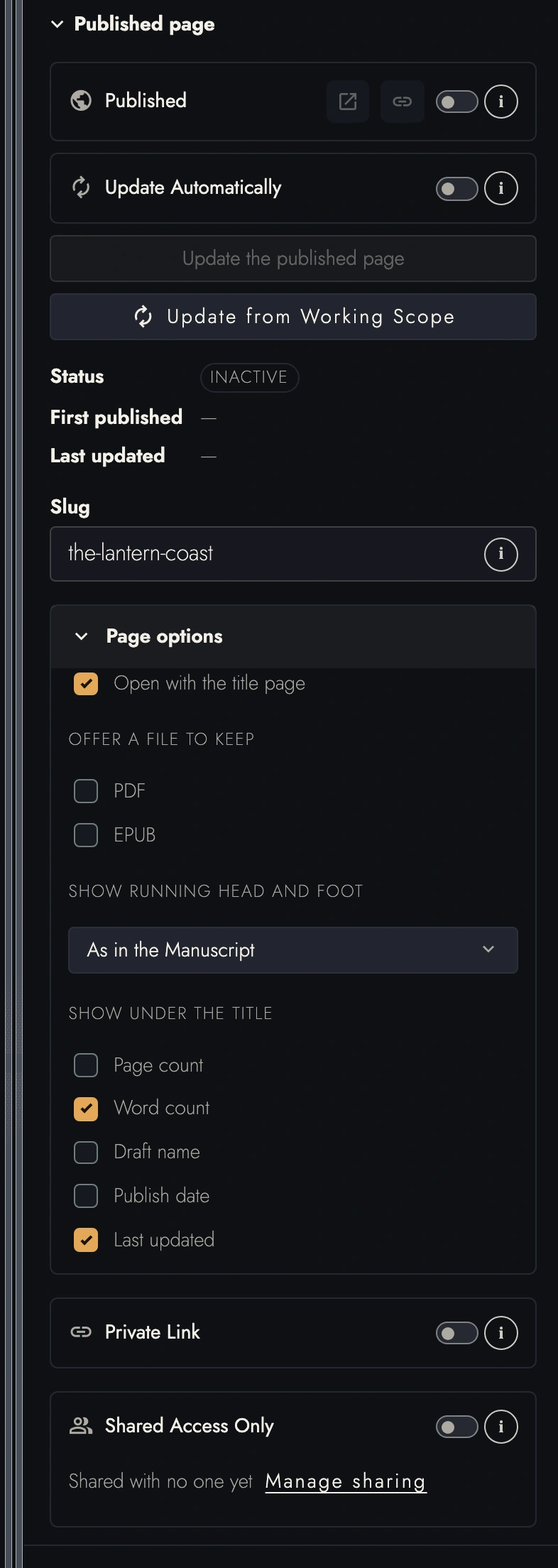 Publishing settings for an editable scoped Draft, with page options expanded.
