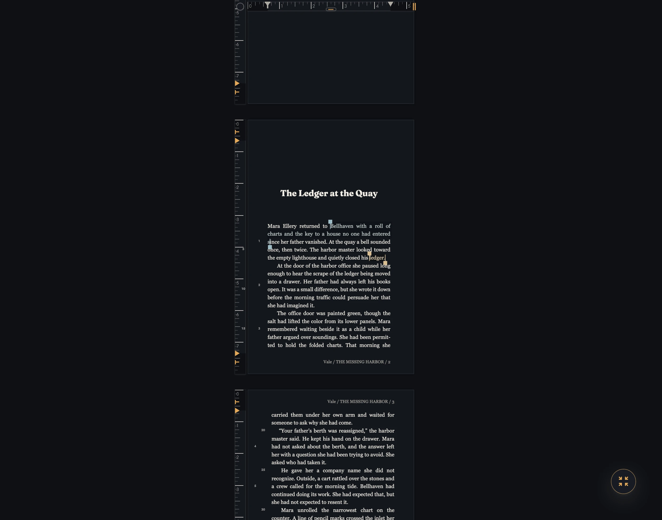Focus Mode hides the panels, Minimap, and toolbars, leaving only the pages and a button to leave Focus Mode.