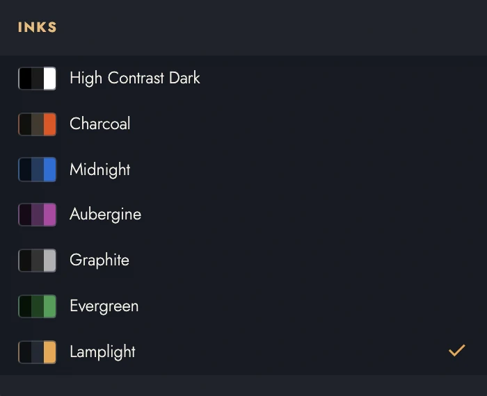 Ink themes in the appearance menu.