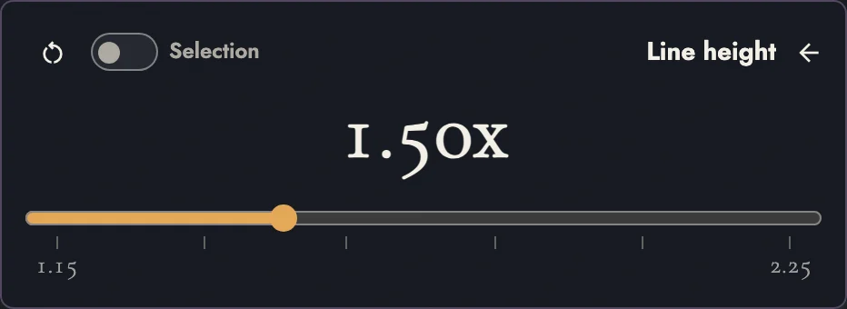 The Line height slider at 1.50x, with the scope switch on Selection and the reset button beside it.