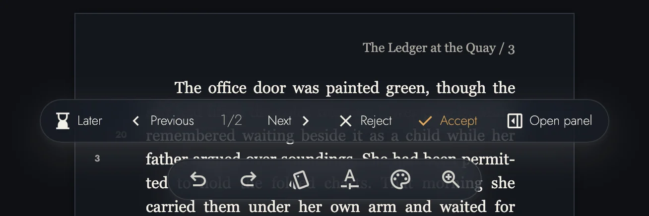 The merge bar above the page toolbar showing Later, Previous, 1/2, Next, Reject, Accept, and Open panel.