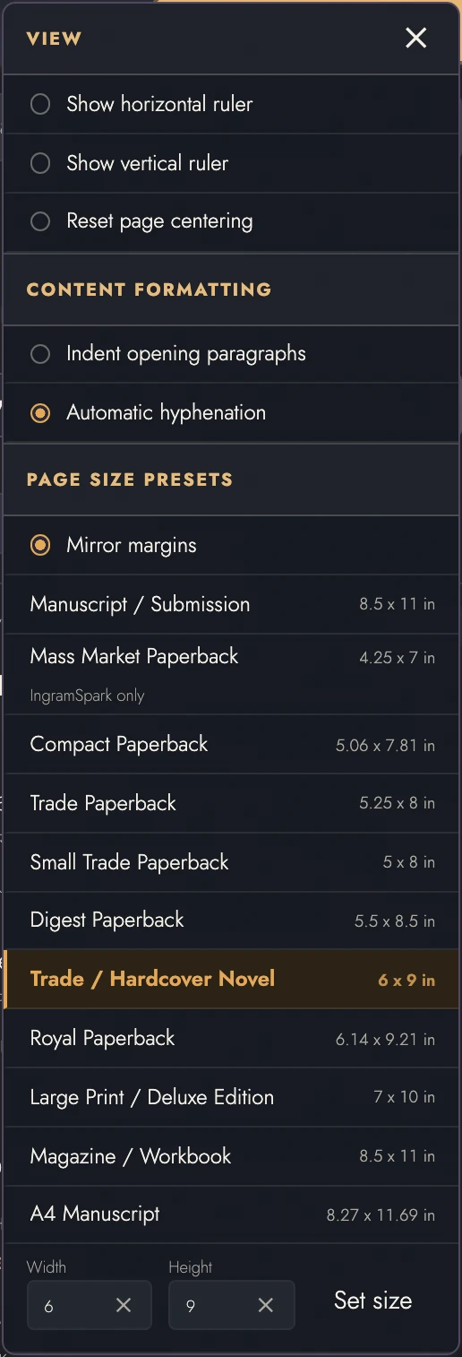 Page size presets menu with mirror margins on; only Mass Market Paperback carries a service line, marked IngramSpark only.