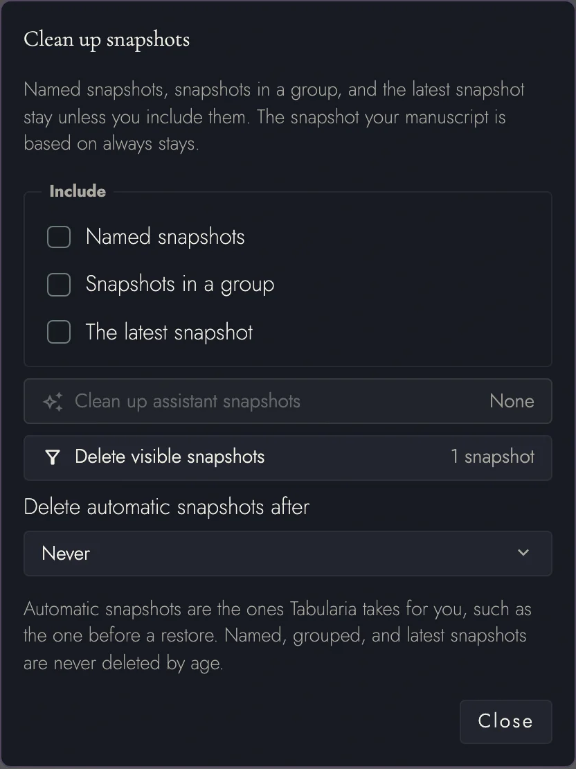 The Clean up snapshots dialog with Named snapshots, Snapshots in a group, and The latest snapshot unchecked, the two delete actions with their counts, and Delete automatic snapshots after set to Never.