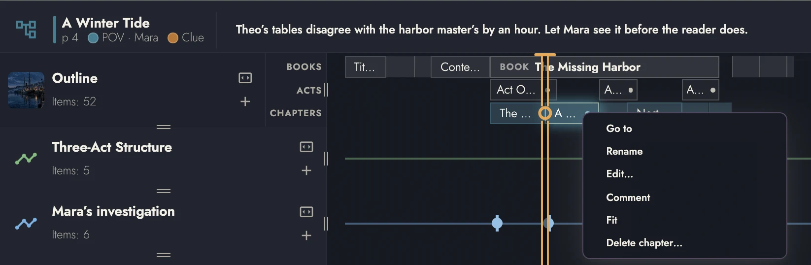 The right-click menu of a Chapter in the Timeline Drawer: Go to, Rename, Edit, Comment, Fit, and Delete chapter.