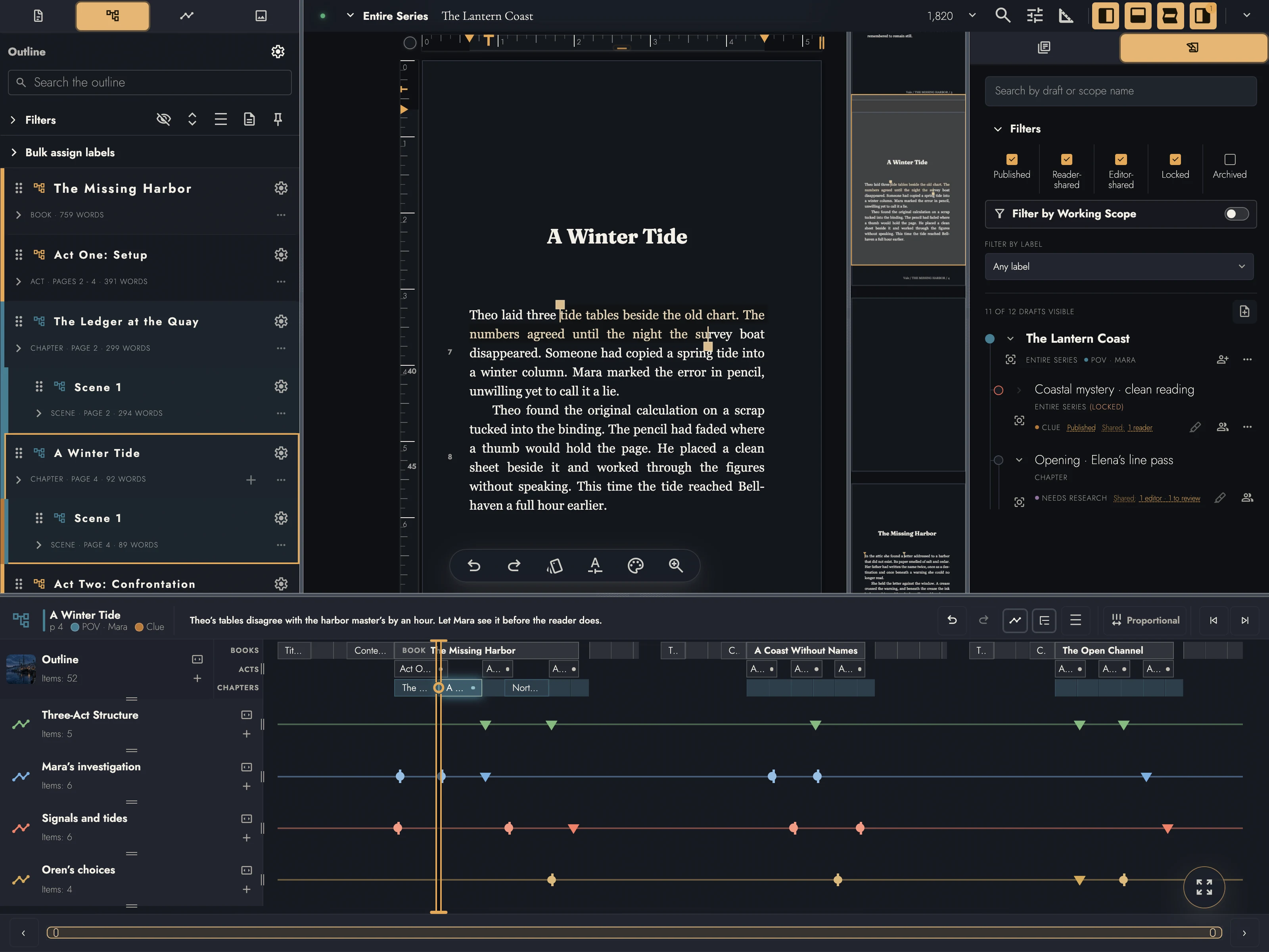 Tabularia with every surface open: the Outline on the left with A Winter Tide selected, the page with its rulers and floating toolbar, the Minimap, Drafts & Sharing on the right, and the Timeline Drawer along the bottom.