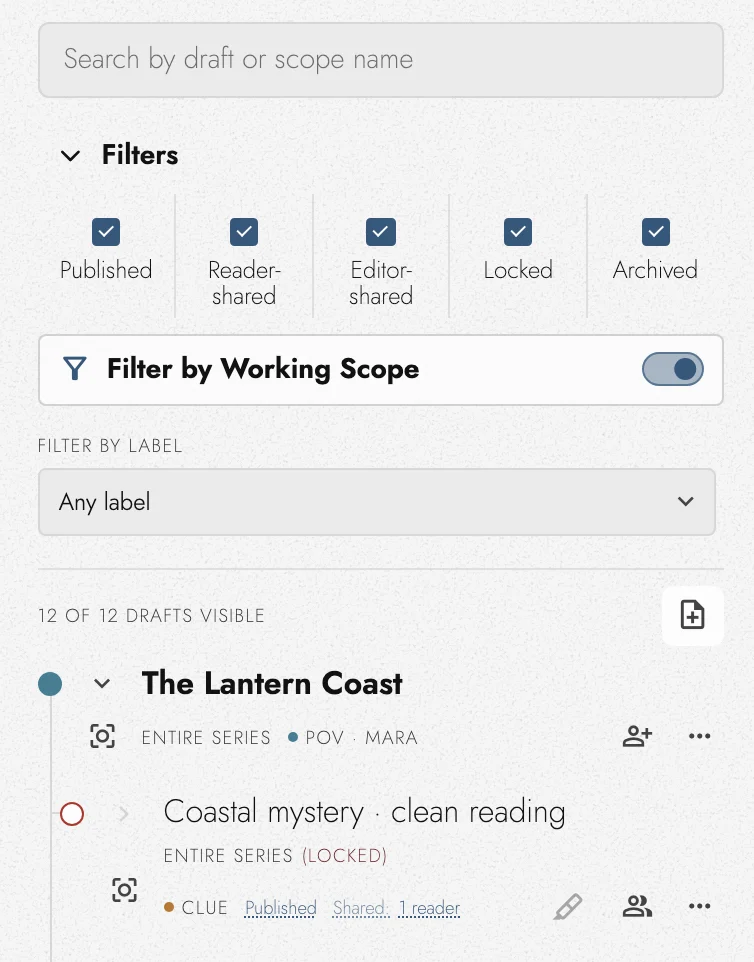 The Drafts & Sharing filters: search, the five status checkboxes with Archived included, Filter by Working Scope switched on, the label menu, and the draft count with its create button.