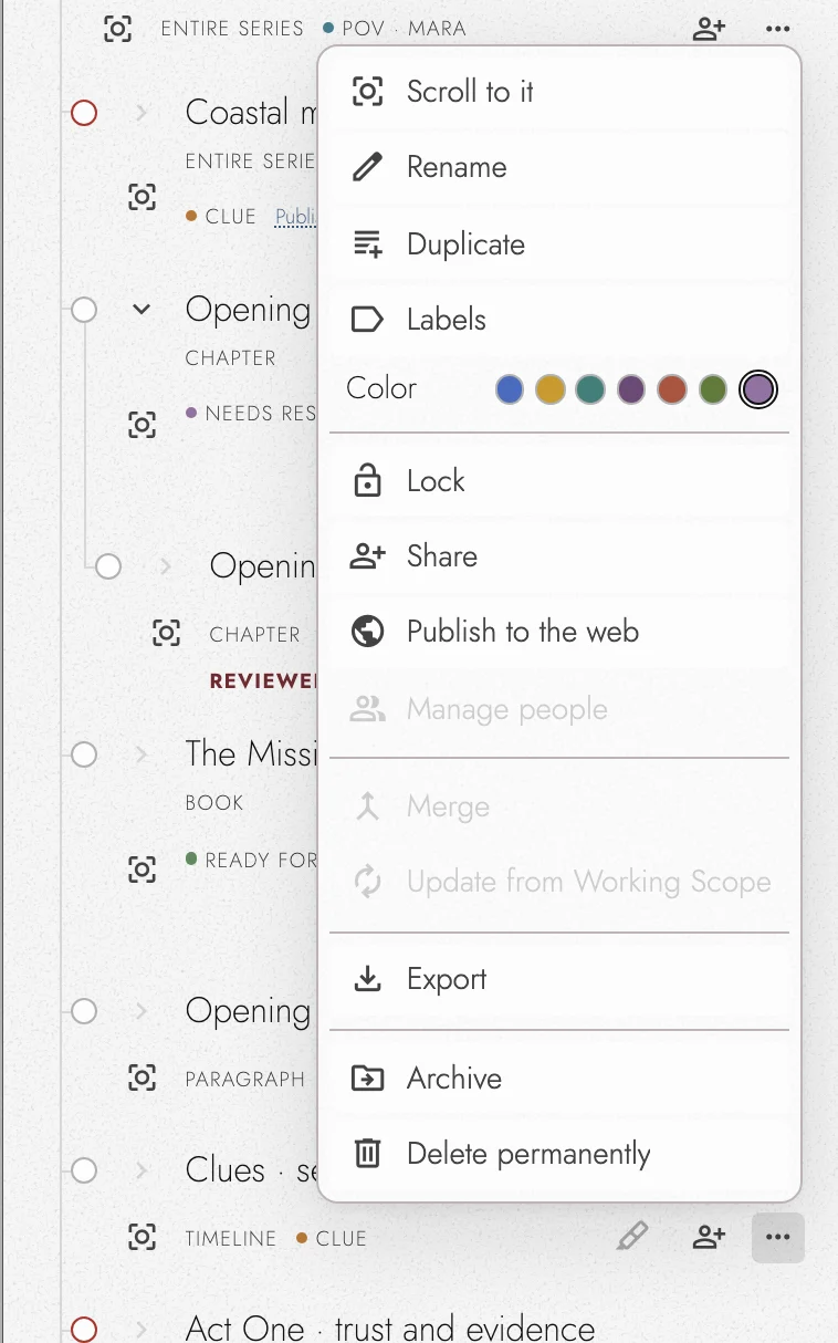 A draft row’s more-actions menu, grouped into Scroll to it, Rename, Duplicate, Labels, and Color; Lock, Share, Publish to the web, and Manage people; Merge and Update from Working Scope; Export; and Archive and Delete permanently.