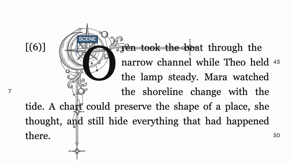 Corner-flourish drop cap on the Canvas, matching the exported PDF.